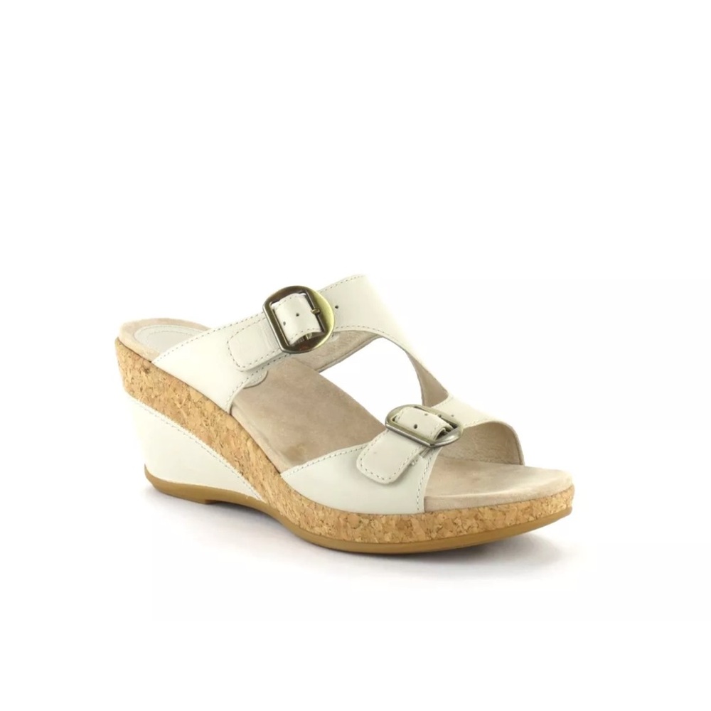 Dansko Carla Ivory Full Grain Leather Double Strap Cork Wedge Platform Sandal 40